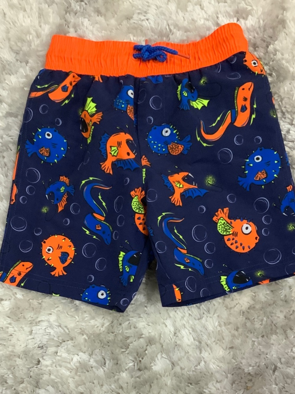 Kids Navy Blue Fish Print Swim Shorts with Orange Waistband